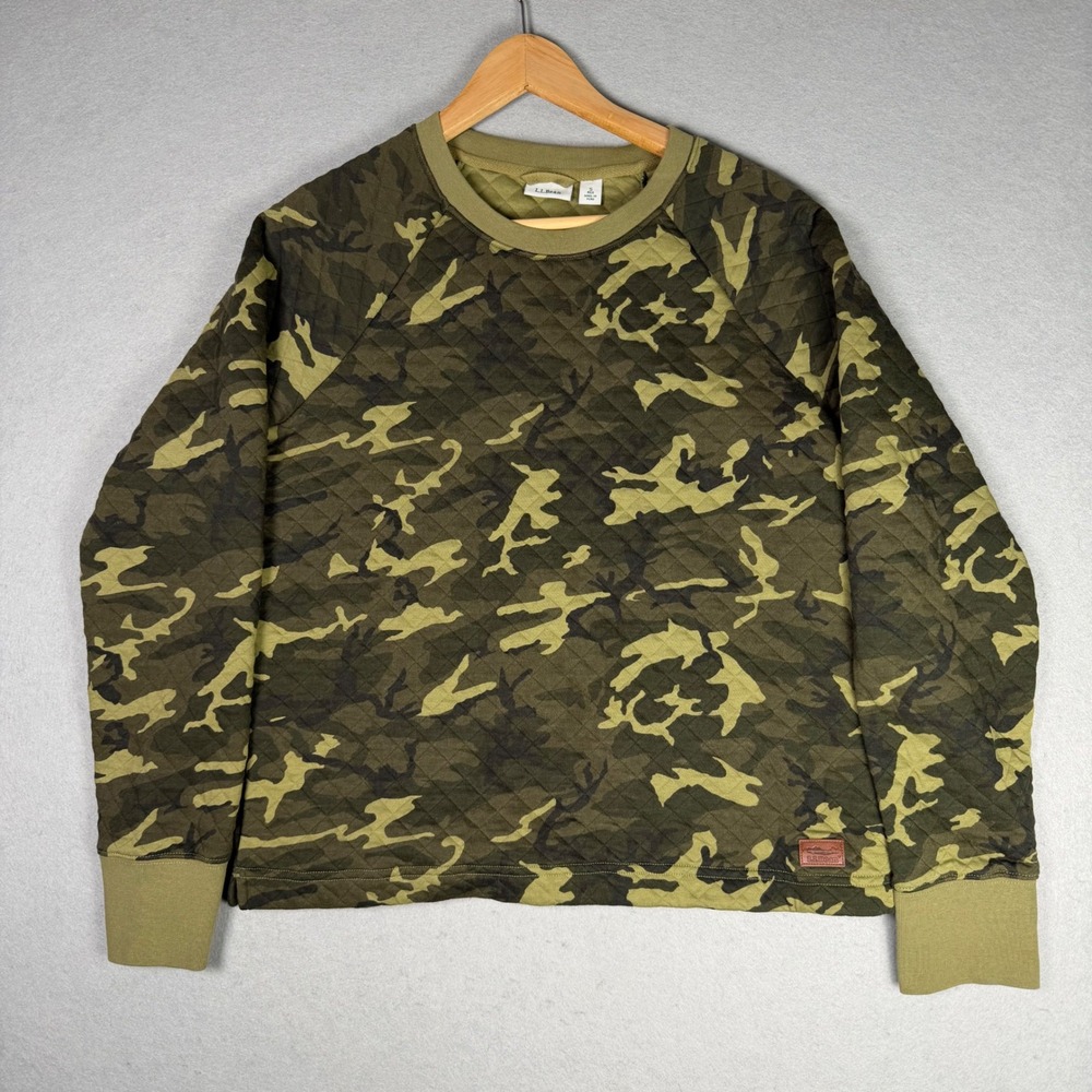 LL Bean Diamond Quilted Sweatshirt Womens S Green Camo Pullover Cotton Gorpcore